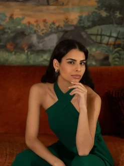 Yumi Green Cross Over Halter Neck Jumpsuit