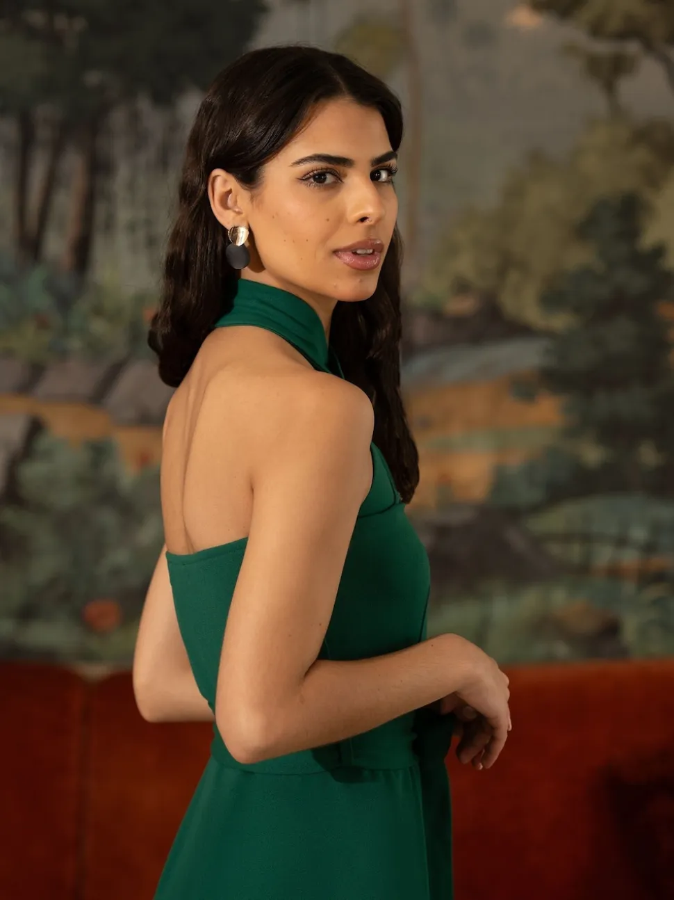 Yumi Green Cross Over Halter Neck Jumpsuit