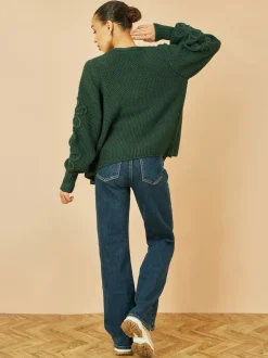 Yumi Green Edge to Edge Cardigan With Flower Detail Sleeves
