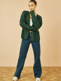 Yumi Green Edge to Edge Cardigan With Flower Detail Sleeves