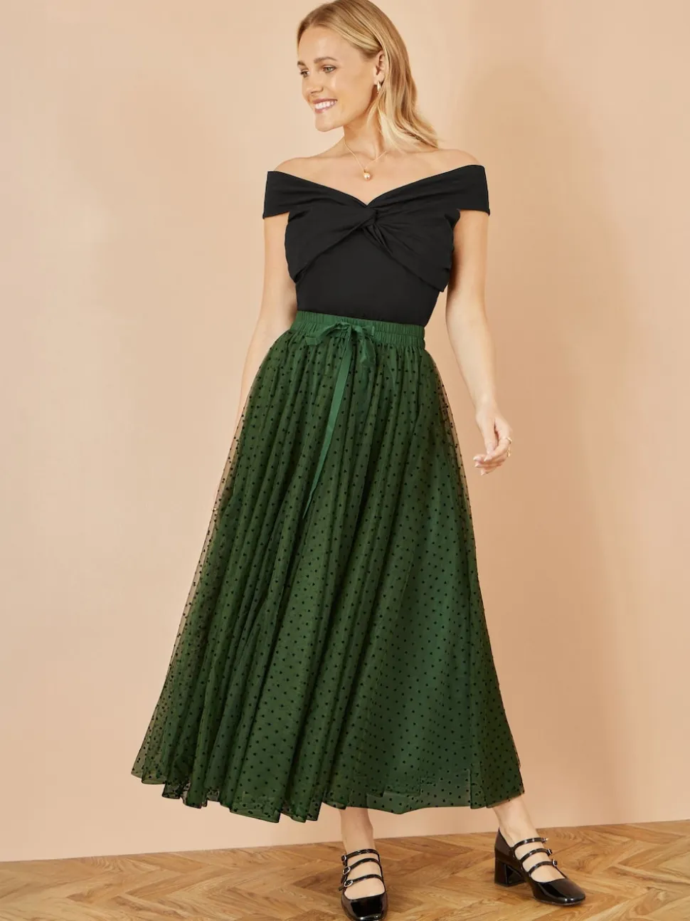 Yumi Green Mesh Heart Print Tulle Skirt
