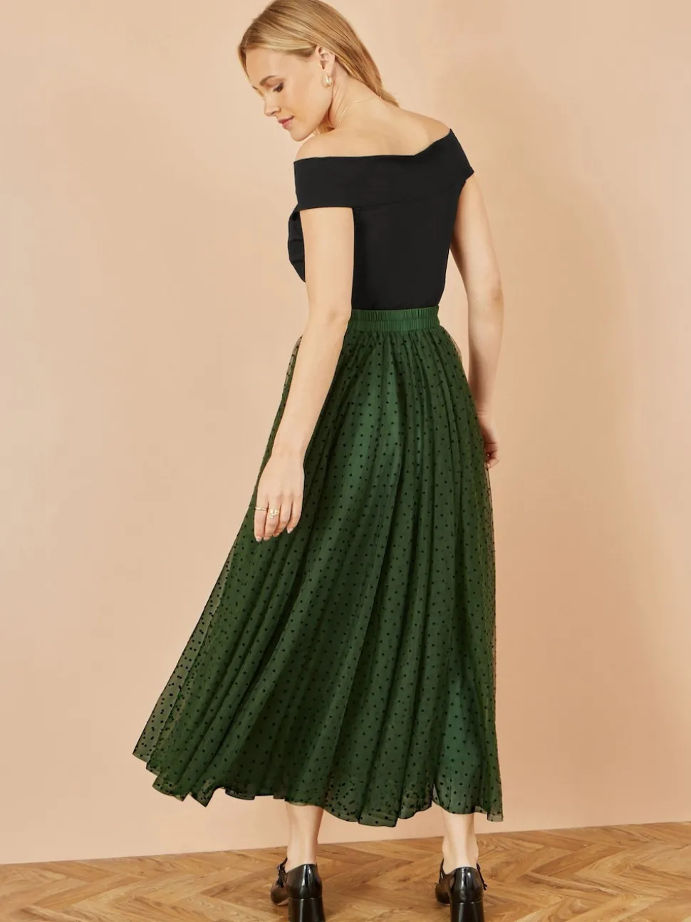 Yumi Green Mesh Heart Print Tulle Skirt