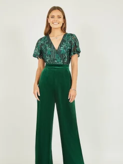 Yumi Green Sequin Embellished Velvet Jumpsuit With Angel Sleeves
