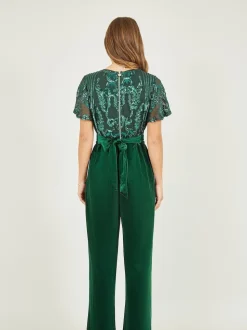 Yumi Green Sequin Embellished Velvet Jumpsuit With Angel Sleeves