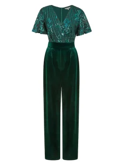 Yumi Green Sequin Embellished Velvet Jumpsuit With Angel Sleeves