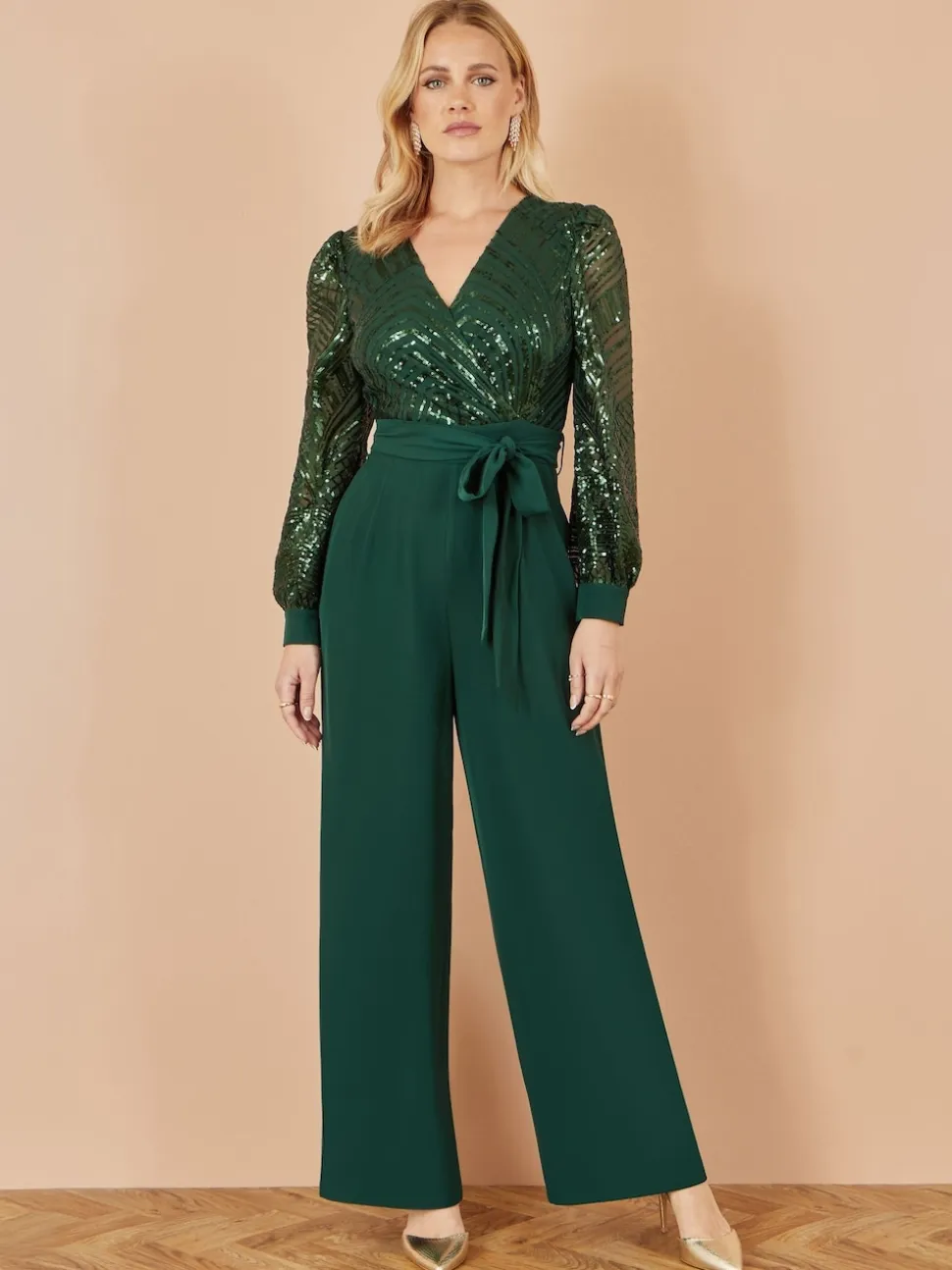 Yumi Green Sequin Wrap Over Jumpsuit