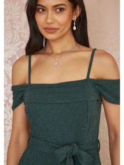 Yumi Green Sparkle Stretch Bardot Jumpsuit
