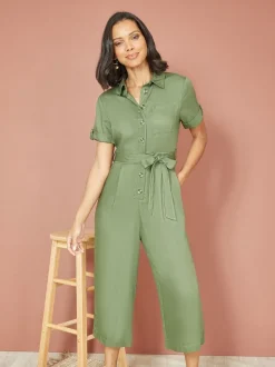 Yumi Green Twill Viscose Utility Jumpsuit