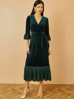 Yumi Green Velvet Wrap Midi Dress With Contrast Hemline