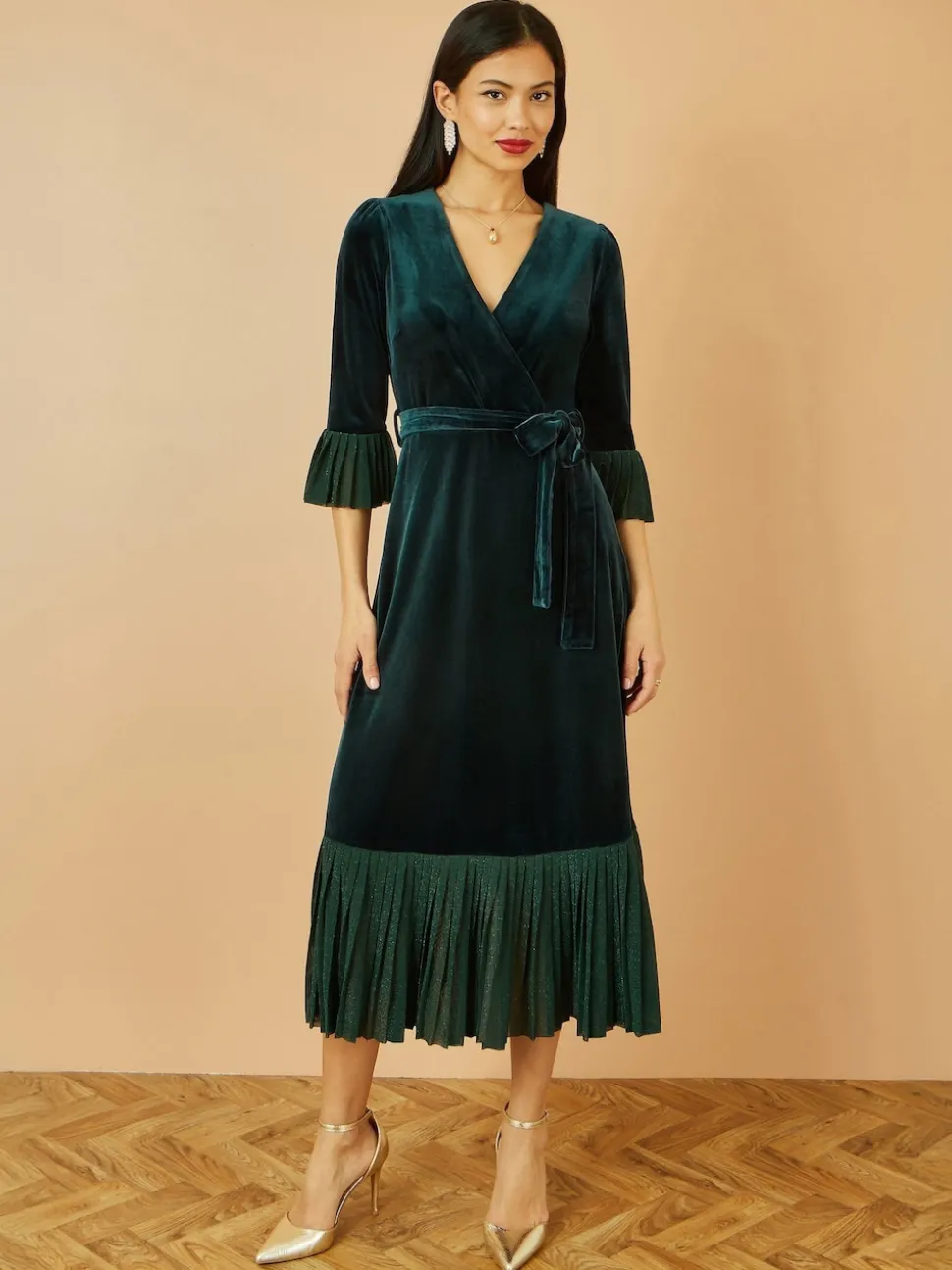 Yumi Green Velvet Wrap Midi Dress With Contrast Hemline