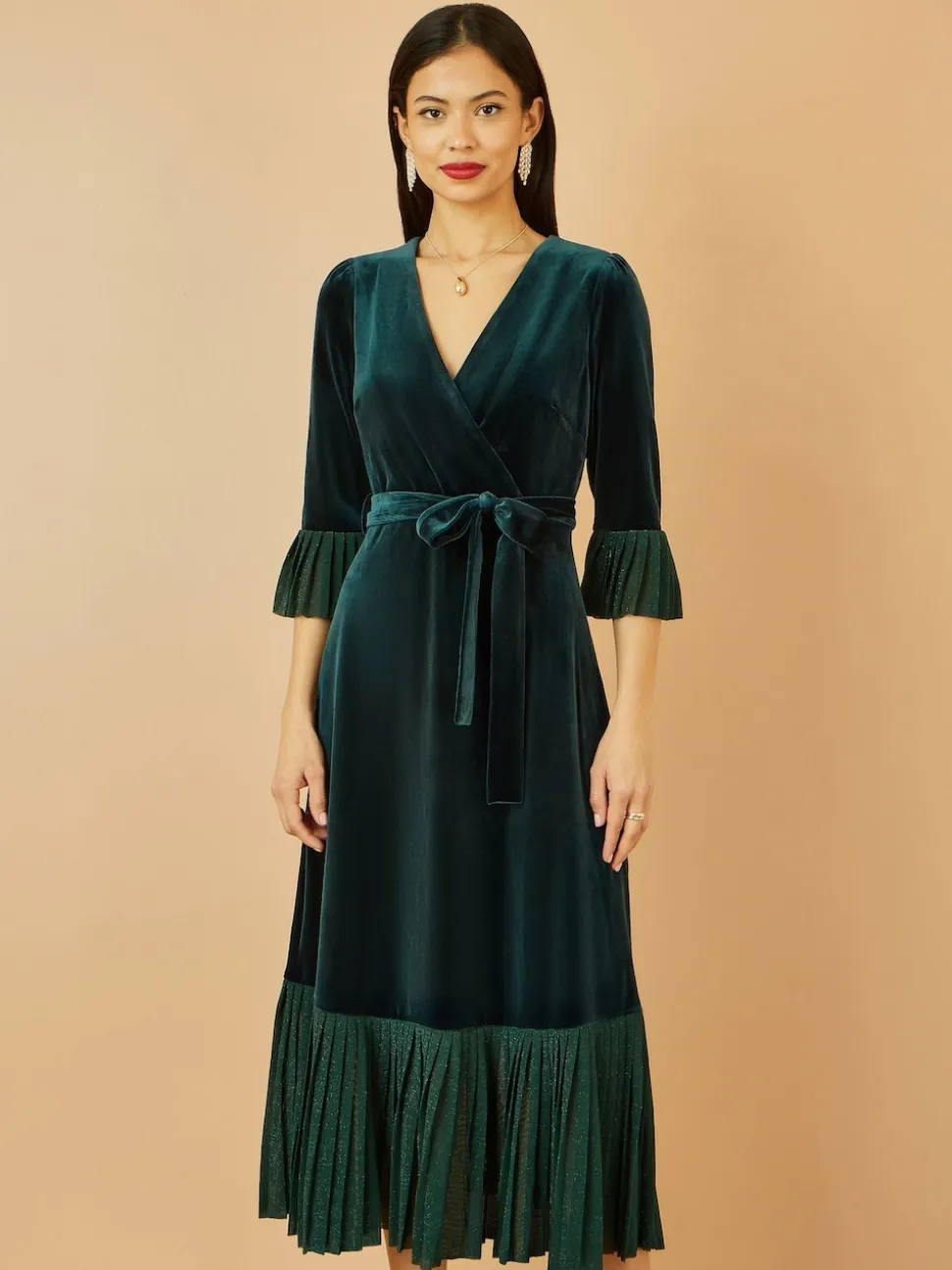 Yumi Green Velvet Wrap Midi Dress With Contrast Hemline