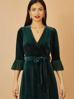 Yumi Green Velvet Wrap Midi Dress With Contrast Hemline