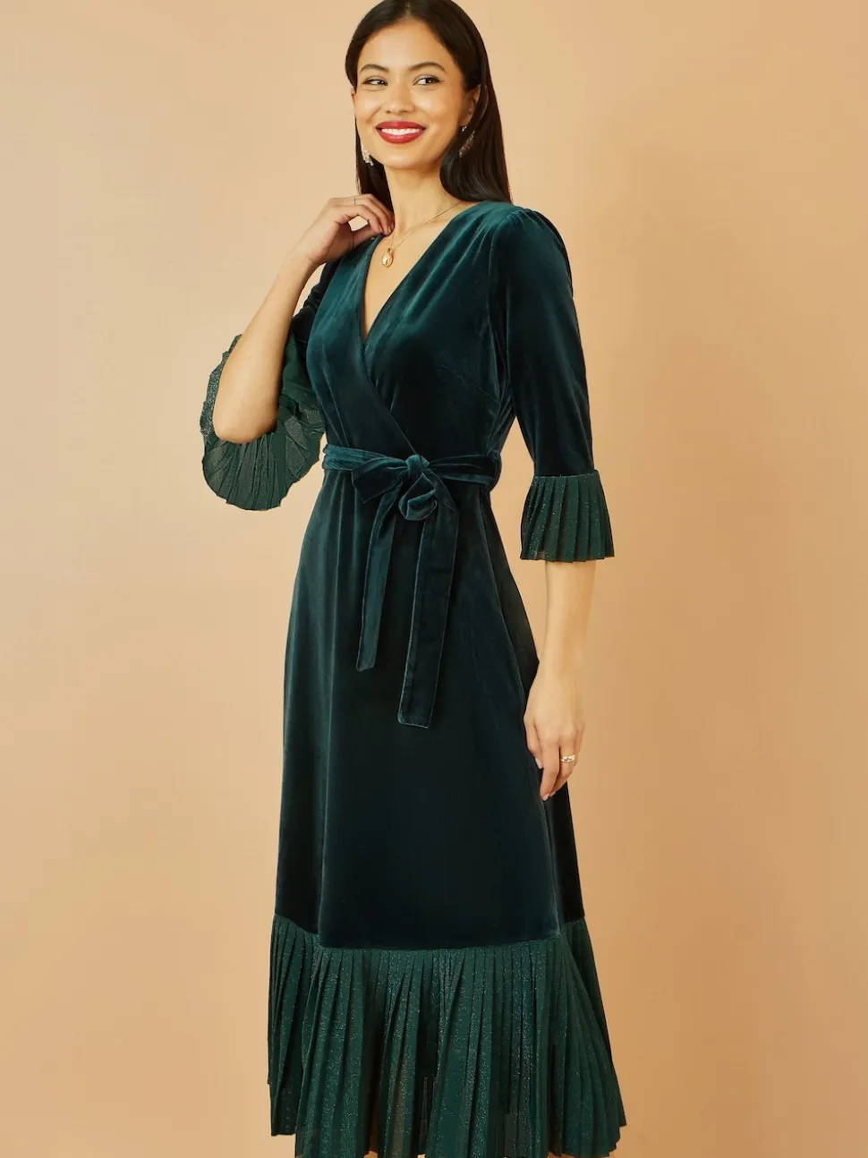 Yumi Green Velvet Wrap Midi Dress With Contrast Hemline
