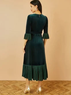 Yumi Green Velvet Wrap Midi Dress With Contrast Hemline