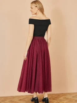 Yumi Red Mesh Heart Print Tulle Skirt