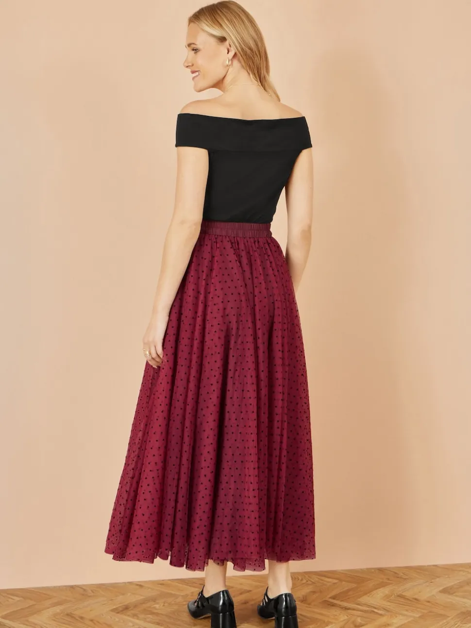 Yumi Red Mesh Heart Print Tulle Skirt