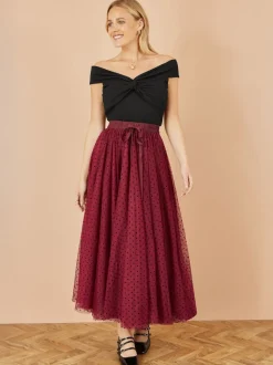 Yumi Red Mesh Heart Print Tulle Skirt