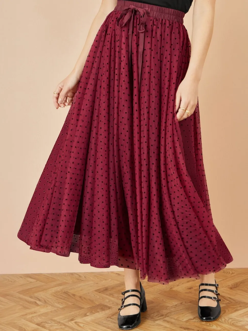 Yumi Red Mesh Heart Print Tulle Skirt