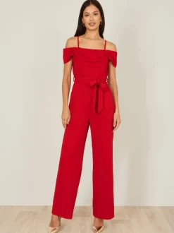 Yumi Red Stretch Bardot Jumpsuit