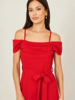 Yumi Red Stretch Bardot Jumpsuit