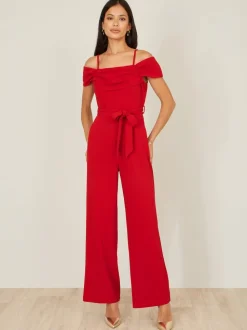 Yumi Red Stretch Bardot Jumpsuit